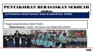 PENTAKSIRAN BERASASKAN SEKOLAH
(PBS)(c) Pentaksiran Aktiviti Jasmani, Sukan & Kokurikulum (PAJSK)
Aspek yang dinilaikan dalam PAJSK :
Kokurikulum – Kelab , Persatuan, dan Badan Beruniform
 