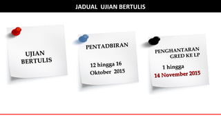 PENGHANTARANPENGHANTARAN
GRED KE LPGRED KE LP
1 hingga1 hingga
14 November 201514 November 2015
JADUAL UJIAN BERTULIS
UJIANUJIAN
BERTULISBERTULIS
PENTADBIRANPENTADBIRAN
12 hingga 1612 hingga 16
Oktober 2015Oktober 2015
 