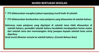  PT3 dilaksanakan mengikut jadual sepanjang murid hadir di sekolah
 PT3 dilaksanakan berdasarkan mata pelajaran yang ditawarkan di sekolah baharu
Sekiranya mata pelajaran yang dipelajari di sekolah lama tidak ditawarkan di
sekolah baharu, pentadbir sekolah baharu hendaklah mendapatkan kertas soalan
dari sekolah lama dan memulangkan skrip jawapan kepada sekolah lama untuk
diperiksa.
Gred murid dihantar semula ke sekolah baharu. (Contoh Bahasa Iban)
MURID BERTUKAR SEKOLAH
 