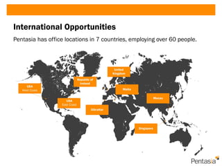 International Opportunities 
Pentasia has office locations in 7 countries, employing over 60 people.  