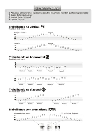 Exercício prático
1- Através da tablatura vamos ligalas umas as outras na vertical e na ordem que foram apresentadas;
2- Depois de forma aleatória;
3- Ligar de forma horizontal;
4- Ligar na diagonal;
Trabalhando na vertical
Trabalhando na horinzontal
Trabalhando na diagonal
Trabalhando com cromatismo
Tonalidade de G menor
Tonalidade de G menor
Tonalidade de G menor
1º modelo de G menor 2º modelo de G menor
T
T
T
T
T
T
A
A
A
A
A
A
B
B
B
B
B
B
Exemplo 1 - modelo 1
Modelo 3
Modelo 1
Modelo 1
Modelo 1
Modelo 2
Modelo 2
Modelo 2
Modelo 3
Modelo 3 Modelo 3
Modelo 3
Modelo 4
Modelo 4
Modelo 4
Modelo 5
Modelo 2
Modelo 5
modelo 2
modelo 4
3
3
3
3
3
8
3
8
8
8
8
3
8
8
8
8
8
8
8
7
8
3
3
3
3
3
3
3
3
3
8
3
6
5
5
5
5
5
5
5
5
5
8
3
5
5
5
5
7
5
10
5
10
5
10
5
5
5
4
4
4
5
10
5
8
8
8
8
8
8
10
5
8
7
7
7
7
7
7
7
10
6
6
6
6
6
6
6
6
6
6
5
10
6
10
10
10
13
12
10
10
13
13
13
12
6
11
6
10
6
10
11 11
10
11
6
10
10
10
10
10
10
10
8
13
13
12
15
15
13
12
15
15
8
13
8
13
8
12
8
13
7
12
12 34
Modelo 1 Modelo 2 Modelo 3
 