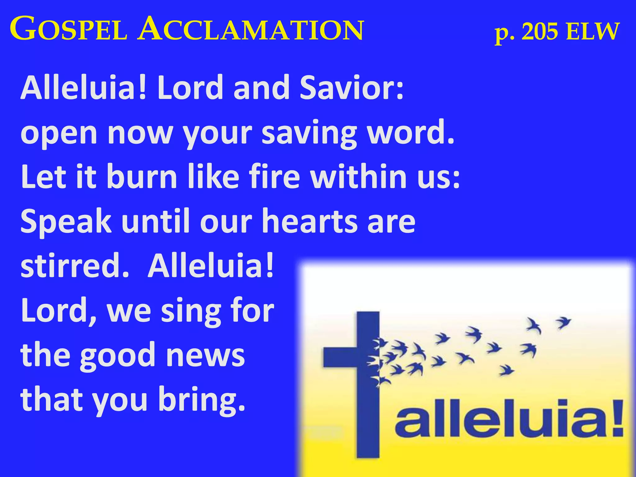 Alleluia! Lord and Savior:
open now your saving word.
Let it burn like fire within us:
Speak until our hearts are
stirred. Alleluia!
Lord, we sing for
the good news
that you bring.
GOSPEL ACCLAMATION p. 205 ELW
 