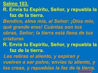 Salmo 103.
R. Envía tu Espíritu, Señor, y repuebla la
   faz de la tierra.
Bendice, alma mía, al Señor: ¡Dios mío,
qué grande eres! Cuántas son tus
obras, Señor; la tierra está llena de tus
criaturas.
R. Envía tu Espíritu, Señor, y repuebla la
   faz de la tierra.
Les retiras el aliento, y expiran y
vuelven a ser polvo; envías tu aliento, y
los creas, y repueblas la faz de la tierra. .
 
