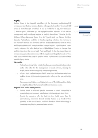 14
Cloud Computing
June 2013
Penteo Universe
Fujitsu Spain is the Spanish subsidiary of the Japanese multinational IT
service provider Fujitsu Limited. Fujitsu offers products and services in all ICT
areas in more than 70 countries. It has a workforce of 173,000 employees
(1,800 in Spain), of whom 150 are engaged in cloud services. It has service,
management and excellence centres in Madrid, Barcelona, Valencia, Seville,
Málaga, Bilbao, Zaragoza, Santa Cruz de Tenerife and Las Palmas de Gran
Canaria. Fujitsu has a portfolio of cloud computing solutions for everyone in
the business market, and provides services that can be tailored for both SMEs
and large corporations. It regards cloud computing as a capability that cross-
cuts its entire service offer. Fujitsu has 6 Global Cloud Centres in Europe, Asia
and the Americas that cover IaaS, PaaS and SaaS. It also has more than 100
service management centres worldwide to supplement its global cloud services
with local solutions that cater to specific needs. Fujitsu has a local IaaS service
specifically for Spain.
Strengths
- Fujitsu has strong links with technology, a commitment to innovation
and a solid offer for the management of cloud services, making it a
major player in technologically complex operations.
- It has a SaaS application portal with more than 80 business solutions,
making it one of the most comprehensive offers on the market in this
area.
- Customers rate Fujitsu very highly in terms of flexibility and its ability
to adapt itself in order to cater to different business needs.
Aspects that could be improved
- Fujitsu needs to allocate specific resources to cloud computing in
order to improve customer satisfaction with these types of services.
- Despite its extensive offer in SaaS services (with more than 80
applications), customers do not identify Fujitsu as a cloud services
provider in the area of SaaS; it should therefore review its strategy in
order to strengthen its presence in the market.
 