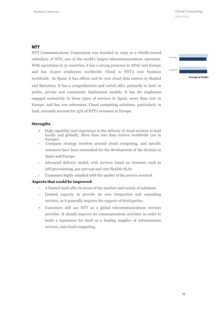 15
Cloud Computing
June 2013
Penteo Universe
NTT Communications Corporation was founded in 1999 as a wholly-owned
subsidiary of NTT, one of the world's largest telecommunications operators.
With operations in 31 countries, it has a strong presence in APAC and Europe
and has 16,500 employees worldwide. Cloud is NTT’s core business
worldwide. In Spain, it has offices and its own cloud data centres in Madrid
and Barcelona. It has a comprehensive and varied offer, primarily in IaaS, in
public, private and community deployment models. It has 80 employees
engaged exclusively in these types of services in Spain, more than 200 in
Europe, and has 100 references. Cloud computing solutions, particularly in
IaaS, currently account for 35% of NTT's revenues in Europe.
Strengths
- High capability and experience in the delivery of cloud services in IaaS
locally and globally. More than 200 data centres worldwide (20 in
Europe).
- Company strategy revolves around cloud computing, and specific
resources have been earmarked for the development of the division in
Spain and Europe.
- Advanced delivery model, with services based on elements such as
self-provisioning, pay-per-use and very flexible SLAs.
- Customers highly satisfied with the quality of the service received.
Aspects that could be improved
- A limited SaaS offer in terms of the number and variety of solutions.
- Limited capacity to provide its own integration and consulting
services, as it generally requires the support of third parties.
- Customers still see NTT as a global telecommunications services
provider. It should improve its communications activities in order to
build a reputation for itself as a leading supplier of infrastructure
services, and cloud computing.
 