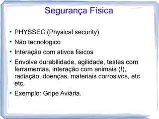 Segurança Física


    PHYSSEC (Physical security)

    Não tecnologico

    Interação com ativos fisicos

    Envolve durabilidade, agilidade, testes com
    ferramentas, interação com animais (!),
    radiação, doenças, materiais corrosivos, etc
    etc.

    Exemplo: Gripe Aviária.
 