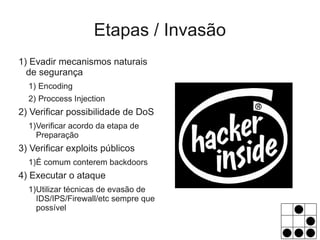 Etapas / Invasão
1) Evadir mecanismos naturais
  de segurança
  1) Encoding
  2) Proccess Injection
2) Verificar possibilidade de DoS
  1)Verificar acordo da etapa de
    Preparação
3) Verificar exploits públicos
  1)É comum conterem backdoors
4) Executar o ataque
  1)Utilizar técnicas de evasão de
    IDS/IPS/Firewall/etc sempre que
    possível
 