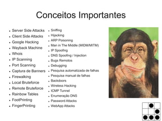 Conceitos Importantes
●   Server Side Attacks   ●   Sniffing
●   Client Side Attacks   ●   Hijacking
                              ARP Poisoning
    Google Hacking
                          ●
●

                          ●   Man in The Middle (MIDM/MITM)
●   Wayback Machine
                          ●   IP Spoofing
●   Whois                 ●   DNS Spoofing / Injection
●   IP Scanning           ●   Bugs Remotos
●   Port Scanning         ●   Debugging
●   Captura de Banners    ●   Pesquisa automatizada de falhas
●   Firewalking           ●   Pesquisa manual de falhas
                              Backdoors
    Local Bruteforce
                          ●
●
                          ●   Wireless Hacking
●   Remote Bruteforce
                          ●   ICMP Tunnel
●   Rainbow Tables        ●   Enumeração DNS
●   FootPrinting          ●   Password Attacks
●   FingerPrinting        ●   WebApp Attacks
 