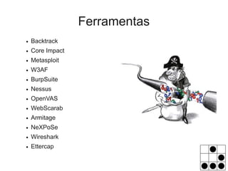 Ferramentas
●   Backtrack
●   Core Impact
●   Metasploit
●   W3AF
●   BurpSuite
●   Nessus
●   OpenVAS
●   WebScarab
●   Armitage
●   NeXPoSe
●   Wireshark
●   Ettercap
 