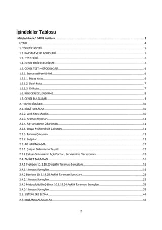 İçindekiler Tablosu
Müşteri/Hedef: SANS Institute.................................................................................................................1
UYARI.....................................................................................................................................................4
1. YÖNETİCİ ÖZETİ..................................................................................................................................5
1.2. KAPSAM VE IP ADRESLERİ................................................................................................................5
1.3. TEST EKİBİ.......................................................................................................................................6
1.4. GENEL DEĞERLENDİRME..................................................................................................................6
1.5. GENEL TEST METODOLOJİSİ.............................................................................................................6
1.5.1. Sızma testi ve türleri.....................................................................................................................6
1.5.1.1. Beyaz kutu.................................................................................................................................6
1.5.1.2. Siyah kutu..................................................................................................................................7
1.5.1.3. Gri kutu.....................................................................................................................................7
1.6. RİSK DERECELENDİRME....................................................................................................................8
1.7. GENEL BULGULAR............................................................................................................................9
2. TEKNİK BİLGİLER...............................................................................................................................10
2.2. BİLGİ TOPLAMA.............................................................................................................................10
2.2.2. Web Sitesi Analizi.......................................................................................................................10
2.2.3. Arama Motorları.........................................................................................................................11
2.2.4. Ağ Haritasının Çıkarılması............................................................................................................11
2.2.5. Sosyal Mühendislik Çalışması......................................................................................................11
2.2.6. Tahmin Çalışması........................................................................................................................11
2.2.7. Bulgular......................................................................................................................................11
2.3. AĞ HARİTALAMA...........................................................................................................................12
2.3.1. Çalışan Sistemlerin Tespiti...........................................................................................................12
2.3.2 Çalışan Sistemlerin Açık Portları, Servisleri ve Versiyonları............................................................13
2.4. ZAFİYET TARAMASI........................................................................................................................16
2.4.1 Typhoon 10.1.18.20 Açıklık Taraması Sonuçları............................................................................16
2.4.1.1 Nessus Sonuçları.......................................................................................................................16
2.4.2 Bee-box 10.1.18.28 Açıklık Taraması Sonuçları.............................................................................23
2.4.2.1 Nessus Sonuçları.......................................................................................................................23
2.4.3 Metasploitable2-Linux 10.1.18.24 Açıklık Taraması Sonuçları.......................................................33
2.4.3.1 Nessus Sonuçları.......................................................................................................................33
2.5. SİSTEMLERE SIZMA........................................................................................................................44
2.6. KULLANILAN ARAÇLAR...................................................................................................................46
3
 