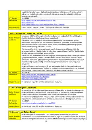 veya kritik hizmetleri devre dışı bırakma gibi yakalanan kullanıcının keyfi Samba network
çağrılarının yürütülmesine izin veren kimlik doğrulama seviyesinin düşürülmesi için bu
kusurdan yararlanabilir.
IP/ Domain 10.1.18.24
Referanslar https://www.tenable.com/plugins/nessus/90509
http://badlock.org
https://www.samba.org/samba/security/CVE-2016-2118.html
Çözüm Önerisi Samba sürüm 4.2.11 / 4.3.8 / 4.4.2 veya sonraki bir sürüme yükseltin.
16-SSL Certificate Cannot Be Trusted
Bulgu Detayları
Açıklama
Sunucunun X.509 sertifikası güvenilir olamaz. Bu durum, aşağıda belirtilen şekilde güven
zincirinin kırılabileceği üç farklı şekilde ortaya çıkabilir:
- İlk olarak, sunucu tarafından gönderilen sertifika zincirinin üstü bilinen bir sertifika
yetkilisinden alınmayabilir. Bu, zincirin tepesi tanınmayan, kendinden imzalı bir sertifika
olduğunda veya sertifika zincirinin en üstünü bilinen bir sertifika yetkilisine bağlayan ara
sertifikalar eksik olduğunda ortaya çıkabilir.
- İkincisi, sertifika zinciri, tarama sırasında geçerli olmayan bir sertifika içerebilir. Bu,
taramanın 'notBefore' tarihlerinden birinden önce veya sertifikanın 'notAfter' tarihlerinden
birinden sonra gerçekleştiğinde ortaya çıkabilir.
- Üçüncü olarak, sertifika zinciri sertifika bilgisiyle eşleşmeyen veya doğrulanamayan bir imza
içerebilir. Kötü imzalar, sertifika sahibi tarafından yeniden imzalanacak olan kötü imzalı
sertifikanın alınmasıyla giderilebilir. Doğrulanamayan imzalar, sertifika sahibinin Nessus'un
desteklemediği veya tanımadığı bir imzalama algoritması kullanarak oluşturduğunun
sonucudur.
Uzak ana bilgisayar, üretimde genel bir ana bilgisayarsa, zincirdeki herhangi bir kopma,
kullanıcıların web sunucusunun kimliğini ve kimliğini doğrulamasını zorlaştırır. Bu, uzaktaki
ana makineye karşı ortadaki adam saldırılarını gerçekleştirmeyi kolaylaştırır.
IP/ Domain 10.1.18.24
Referanslar https://www.tenable.com/plugins/nessus/51192
https://www.itu.int/rec/T-REC-X.509/en
https://en.wikipedia.org/wiki/X.509
Çözüm Önerisi Bu hizmet için uygun bir sertifika satın alın veya oluşturun.
17-SSL Self-Signed Certificate
Bulgu Detayları
Açıklama
Bu hizmetin X.509 sertifika zinciri, tanınan bir sertifika yetkilisi tarafından imzalanmamıştır.
Uzak ana bilgisayar, üretimde public bir ana bilgisayarsa, bu, herkesin uzak ana makineye
karşı ortadaki adamdaki saldırısını kurabileceği için SSL kullanımını geçersiz kılar.
Bu eklentinin, kendinden imzalı olmayan, ancak tanınmayan bir sertifika yetkilisi tarafından
imzalanan, bir sertifikada sona eren sertifika zincirlerini kontrol etmediğini unutmayın.
IP/ Domain 10.1.18.24
Referanslar https://www.tenable.com/plugins/nessus/57582
Çözüm Önerisi Bu hizmet için uygun bir sertifika satın alın veya oluşturun.
18-Unencrypted Telnet Server
Bulgu Detayları
Açıklama
Uzak ana bilgisayar, şifrelenmemiş kanal üzerinden bir Telnet sunucusu çalıştırıyor.
Şifrelenmemiş kanal üzerinden Telnet kullanılması, login’ler, parolalar ve komutlar cleartext
olarak aktarıldığından önerilmez. Bu, uzaktaki MITM bir saldırganın, kimlik bilgileri veya diğer
38
 