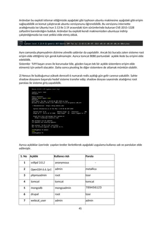 Ardından bu exploti istismar ettiğimizde aşağıdaki gibi typhoon ubuntu makinesine aşağıdaki gibi erişim
sağlayabildik ve komut çalıştırarak ubuntu versiyonunu öğrenebildik. Bu versiyonu internette
arattığımızda ise Ubuntu’nun 3.13 ile 3.19 arasındaki tüm sürümlerinde bulunan CVE-2015-1328
zafiyetini barındırdığını bulduk. Ardından bu exploiti kendi makinemizden ubuntuya indirip
çalıştırdığımızda ise root yetkisi elde etmiş olduk.
Aynı zamanda phpmyadmin dizinine yönelik saldırılar da yapılabilir. Ancak biz burada zaten sisteme root
erişim elde etttiğimiz için gerek kalmamıştır. Ayrıca tomcat 8080 portundaki açıklık ilede bu erişimi elde
edebildik.
Sistemler %99 başarı oranı ile korunsalar bile, gözden kaçan tek bir açıklık sistemlere erişim elde
etmemiz için yeterli olacaktır. Daha sonra pivoting ile diğer sistemlere de atlamak mümkün olabilir.
2) Nessus ile bulduğumuz yüksek dereceli 6 numaralı redis açıklığı gün gelir canınızı yakabilir. Sahte
shadow dosyasını başarıyla hedef sisteme transfer edip; shadow dosyası sayesinde atadığımız root
parolası ile sisteme giriş yapabildik.
Ayrıca açıklıklar üzerinde yapılan testler ilerletilerek aşağıdaki uygulama kullanıcı adı ve parolaları elde
edilmiştir.
S. No Açıklık Kullanıcı Adı Parola
1 vsftpd 3.0.2 anonymous -
2 OpenSSH 6.6.1p1 admin metallica
3 phpmyadmin root toor
4 tomcat tomcat tomcat
5 mongodb mongoadmin 789456123
6 drupal root toor
7 webcal_user admin admin
45
 
