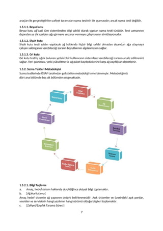 araçları ile gerçekleştirilen zafiyet taramaları sızma testinin bir aşamasıdır; ancak sızma testi değildir.
1.5.1.1. Beyaz kutu
Beyaz kutu ağ’daki tüm sistemlerden bilgi sahibi olarak yapılan sızma testi türüdür. Test uzmanının
dışarıdan ya da içeriden ağa girmeye ve zarar vermeye çalışmasının simülasyonudur.
1.5.1.2. Siyah kutu
Siyah kutu testi saldırı yapılacak ağ hakkında hiçbir bilgi sahibi olmadan dışarıdan ağa ulaşmaya
çalışan saldırganın verebileceği zararın boyutlarının algılanmasını sağlar.
1.5.1.3. Gri kutu
Gri kutu testi iç ağda bulunan yetkisiz bir kullanıcının sistemlere verebileceği zararın analiz edilmesini
sağlar. Veri çalınması, yetki yükseltme ve ağ paket kaydedicilerine karşı ağ zayıflıkları denetlenir.
1.5.2. Sızma Testleri Metadolojisi
Sızma testlerinde ISSAF tarafından geliştirilen metodoloji temel alınmıştır. Metodolojimiz
dört ana bölümde beş alt bölümden oluşmaktadır.
1.5.2.1. Bilgi Toplama
a. Amaç, hedef sistem hakkında olabildiğince detaylı bilgi toplamaktır.
b. [Ağ Haritalama]
Amaç hedef sistemin ağ yapısının detaylı belirlenmesidir. Açık sistemler ve üzerindeki açık portlar,
servisler ve servislerin hangi yazılımın hangi sürümü olduğu bilgileri toplamaktır.
c. [Zafiyet/Zayıflık Tarama Süreci]
7
 