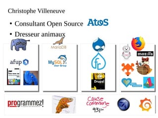 Atos open source - afup – lemug.fr – mariadb – drupal – mozilla - firefox – lemugfr - sumo – webextensions – VR – AR – XR - Cause commune 93.1 FM - TechSpeaker - Lizard - eyrolles – editions eni – programmez – linux pratique – webriver – elephpant - CommonVoice – Sécurité -
Cybersécurité
Christophe Villeneuve
●
Consultant Open Source
●
Dresseur animaux
 