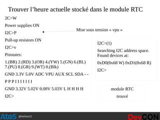@hellosct1
Trouver l’heure actuelle stocké dans le module RTC
2C>W
Power supplies ON
I2C>P
Pull-up resistors ON
I2C>v
Pinstates:
1.(BR) 2.(RD) 3.(OR) 4.(YW) 5.(GN) 6.(BL)
7.(PU) 8.(GR) 9.(WT) 0.(Blk)
GND 3.3V 5.0V ADC VPU AUX SCL SDA - -
P P P I I I I I I I
GND 3.32V 5.02V 0.00V 5.03V L H H H H
I2C>
Mise sous tension « vpu »
I2C>(1)
Searching I2C address space.
Found devices at:
0xD0(0x68 W) 0xD1(0x68 R)
I2C>
module RTC
trouvé
 