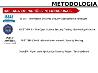 METODOLOGIA
BASEADA EM PADRÕES INTERNACIONAIS

        ISSAF -Information Systems Security Assessment Framework



       OSSTMM 3 – The Open Source Security Testing Methodology Manual



        NIST-SP 800-42 - Guideline on Network Security Testing



       OWASP - Open Web Application Security Project Testing Guide
 