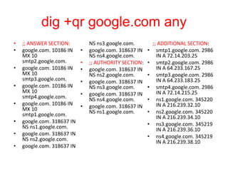 dig +qr google.com any
• ;; ANSWER SECTION:
• google.com. 10186 IN
MX 10
smtp2.google.com.
• google.com. 10186 IN
MX 10
smtp3.google.com.
• google.com. 10186 IN
MX 10
smtp4.google.com.
• google.com. 10186 IN
MX 10
smtp1.google.com.
• google.com. 318637 IN
NS ns1.google.com.
• google.com. 318637 IN
NS ns2.google.com.
• google.com. 318637 IN
NS ns3.google.com.
• google.com. 318637 IN
NS ns4.google.com.
• ;; AUTHORITY SECTION:
• google.com. 318637 IN
NS ns2.google.com.
• google.com. 318637 IN
NS ns3.google.com.
• google.com. 318637 IN
NS ns4.google.com.
• google.com. 318637 IN
NS ns1.google.com.
;; ADDITIONAL SECTION:
• smtp1.google.com. 2986
IN A 72.14.203.25
• smtp2.google.com. 2986
IN A 64.233.167.25
• smtp3.google.com. 2986
IN A 64.233.183.25
• smtp4.google.com. 2986
IN A 72.14.215.25
• ns1.google.com. 345220
IN A 216.239.32.10
• ns2.google.com. 345220
IN A 216.239.34.10
• ns3.google.com. 345219
IN A 216.239.36.10
• ns4.google.com. 345219
IN A 216.239.38.10
 
