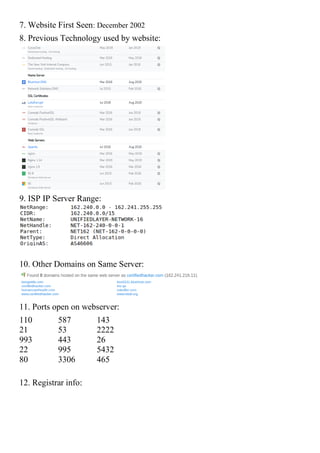 7. Website First Seen: December 2002
8. Previous Technology used by website:
9. ISP IP Server Range:
10. Other Domains on Same Server:
11. Ports open on webserver:
110 587 143
21 53 2222
993 443 26
22 995 5432
80 3306 465
12. Registrar info:
 