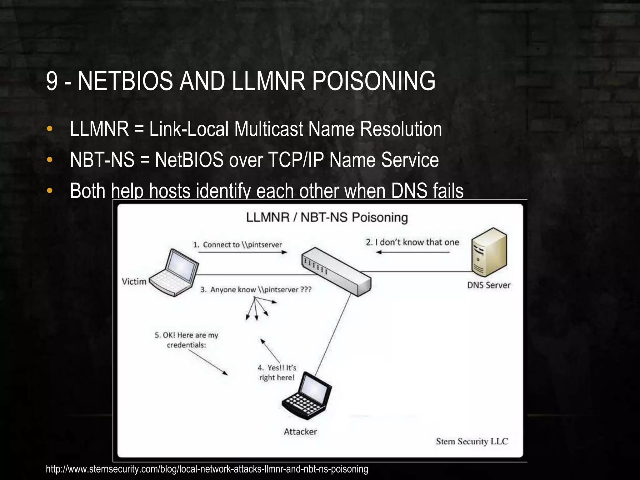 9 - NETBIOS AND LLMNR POISONING
• LLMNR = Link-Local Multicast Name Resolution
• NBT-NS = NetBIOS over TCP/IP Name Service
• Both help hosts identify each other when DNS fails
http://www.sternsecurity.com/blog/local-network-attacks-llmnr-and-nbt-ns-poisoning
 