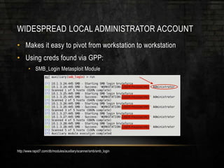 WIDESPREAD LOCAL ADMINISTRATOR ACCOUNT
• Makes it easy to pivot from workstation to workstation
• Using creds found via GPP:
• SMB_Login Metasploit Module
http://www.rapid7.com/db/modules/auxiliary/scanner/smb/smb_login
 