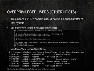 OVERPRIVILEGED USERS (OTHER HOSTS)
• This means EVERY domain user is now is an administrator of
that system
• Veil-PowerView Invoke-FindLocalAdminAccess
• Veil-PowerView Invoke-ShareFinder
http://www.harmj0y.net/blog/penetesting/finding-local-admin-with-the-veil-framework/
 