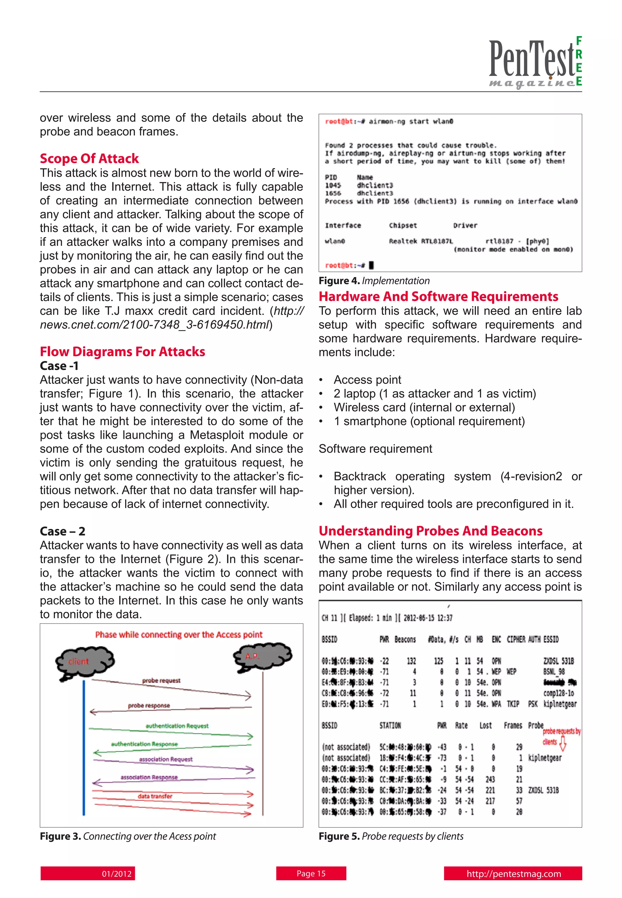 F
                                                                                                                        R
                                                                                                                        E
                                                                                                                        E

over wireless and some of the details about the
probe and beacon frames.

Scope Of Attack
This attack is almost new born to the world of wire-
less and the Internet. This attack is fully capable
of creating an intermediate connection between
any client and attacker. Talking about the scope of
this attack, it can be of wide variety. For example
if an attacker walks into a company premises and
just by monitoring the air, he can easily find out the
probes in air and can attack any laptop or he can
attack any smartphone and can collect contact de-         Figure 4. Implementation
tails of clients. This is just a simple scenario; cases   Hardware And Software Requirements
can be like T.J maxx credit card incident. (http://       To perform this attack, we will need an entire lab
news.cnet.com/2100-7348_3-6169450.html)                   setup with specific software requirements and
                                                          some hardware requirements. Hardware require-
Flow Diagrams For Attacks                                 ments include:
Case -1
Attacker just wants to have connectivity (Non-data        •	   Access point
transfer; Figure 1). In this scenario, the attacker       •	   2 laptop (1 as attacker and 1 as victim)
just wants to have connectivity over the victim, af-      •	   Wireless card (internal or external)
ter that he might be interested to do some of the         •	   1 smartphone (optional requirement)
post tasks like launching a Metasploit module or
some of the custom coded exploits. And since the          Software requirement
victim is only sending the gratuitous request, he
will only get some connectivity to the attacker’s fic-    • 	 Backtrack operating system (4-revision2 or
titious network. After that no data transfer will hap-        higher version).
pen because of lack of internet connectivity.             • 	 All other required tools are preconfigured in it.

Case – 2                                                  Understanding Probes And Beacons
Attacker wants to have connectivity as well as data       When a client turns on its wireless interface, at
transfer to the Internet (Figure 2). In this scenar-      the same time the wireless interface starts to send
io, the attacker wants the victim to connect with         many probe requests to find if there is an access
the attacker’s machine so he could send the data          point available or not. Similarly any access point is
packets to the Internet. In this case he only wants
to monitor the data.




Figure 3. Connecting over the Acess point                 Figure 5. Probe requests by clients


              01/2012                                Page 15                                    http://pentestmag.com
 
