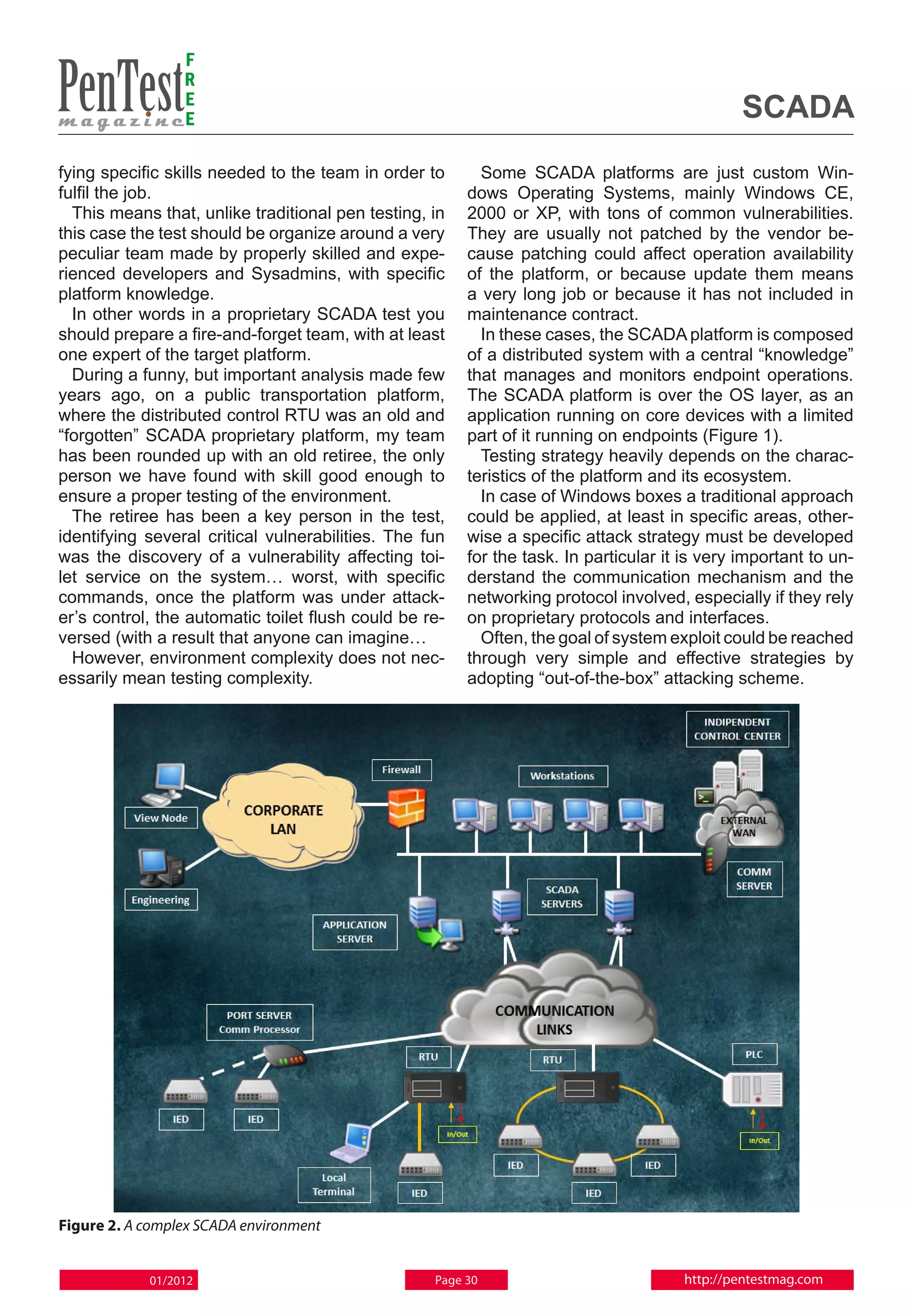 F
                 R
                 E
                 E                                                                             SCADA
fying specific skills needed to the team in order to      Some SCADA platforms are just custom Win-
fulfil the job.                                         dows Operating Systems, mainly Windows CE,
  This means that, unlike traditional pen testing, in   2000 or XP, with tons of common vulnerabilities.
this case the test should be organize around a very     They are usually not patched by the vendor be-
peculiar team made by properly skilled and expe-        cause patching could affect operation availability
rienced developers and Sysadmins, with specific         of the platform, or because update them means
platform knowledge.                                     a very long job or because it has not included in
  In other words in a proprietary SCADA test you        maintenance contract.
should prepare a fire-and-forget team, with at least      In these cases, the SCADA platform is composed
one expert of the target platform.                      of a distributed system with a central “knowledge”
  During a funny, but important analysis made few       that manages and monitors endpoint operations.
years ago, on a public transportation platform,         The SCADA platform is over the OS layer, as an
where the distributed control RTU was an old and        application running on core devices with a limited
“forgotten” SCADA proprietary platform, my team         part of it running on endpoints (Figure 1).
has been rounded up with an old retiree, the only         Testing strategy heavily depends on the charac-
person we have found with skill good enough to          teristics of the platform and its ecosystem.
ensure a proper testing of the environment.               In case of Windows boxes a traditional approach
  The retiree has been a key person in the test,        could be applied, at least in specific areas, other-
identifying several critical vulnerabilities. The fun   wise a specific attack strategy must be developed
was the discovery of a vulnerability affecting toi-     for the task. In particular it is very important to un-
let service on the system… worst, with specific         derstand the communication mechanism and the
commands, once the platform was under attack-           networking protocol involved, especially if they rely
er’s control, the automatic toilet flush could be re-   on proprietary protocols and interfaces.
versed (with a result that anyone can imagine…            Often, the goal of system exploit could be reached
  However, environment complexity does not nec-         through very simple and effective strategies by
essarily mean testing complexity.                       adopting “out-of-the-box” attacking scheme.




Figure 2. A complex SCADA environment


            01/2012                                Page 30                            http://pentestmag.com
 