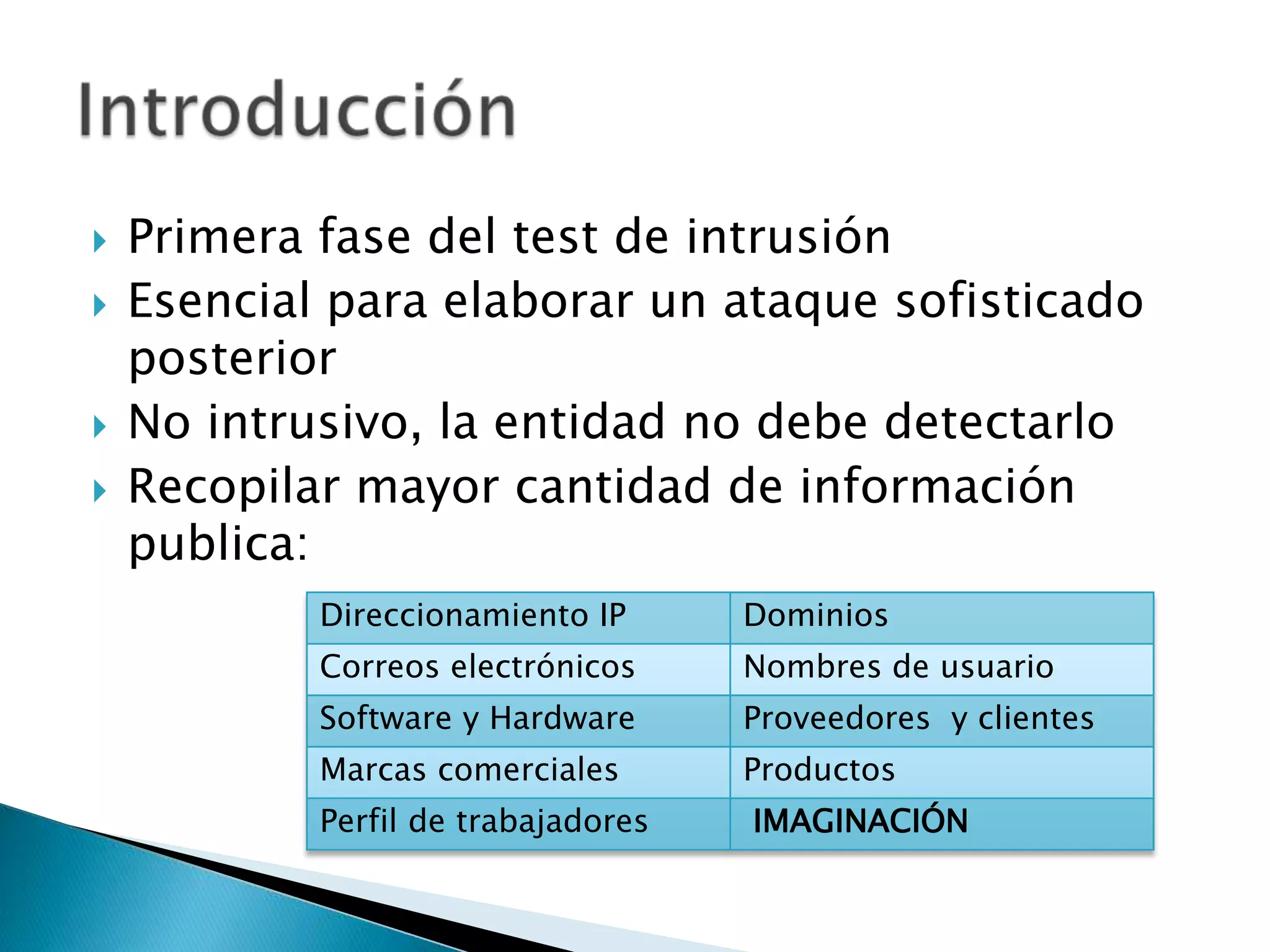 Primera fase del test de intrusiónEsencial para elaborar un ataque sofisticado posteriorNo intrusivo, la entidad no debe detectarloRecopilar mayor cantidad de información publica:Introducción