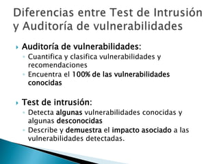 Auditoría de vulnerabilidades:Cuantifica y clasifica vulnerabilidades y recomendacionesEncuentra el 100% de las vulnerabilidades conocidasTest de intrusión:Detecta algunas vulnerabilidades conocidas y algunas desconocidasDescribe y demuestra el impacto asociado a las vulnerabilidades detectadas.Diferencias entre Test de Intrusión y Auditoría de vulnerabilidades