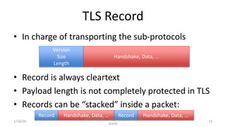TLS Record
• In charge of transporting the sub-protocols
• Record is always cleartext
• Payload length is not completely p...