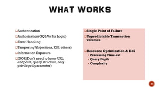 ❑Authentication
❑Authorization(GQLVs Biz Logic)
❑Error Handling
❑Tampering?(Injections, XSS, others)
❑Information Exposure
❑IDOR(Don’t need to know URL,
endpoint, query structure, only
privileged parameter)
❑Single Point of Failure
❑Unpredictable Transaction
volumes
❑Resource Optimization & DoS
▪ Processing Time-out
▪ Query Depth
▪ Complexity
27
 