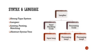 ❑Strong Type System
❑Langsec
❑Lexing, Parsing,
Matching
❑Abstract Syntax Tree
13
LangSec
Input
Handling
Code
Input lang
Pr...