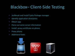 Blackbox– Client-Side Testing
 Jealbreak and install Cydia Package manager
 Identify application directories
 Obtain app
 Parse out some server information
 Install proxy certificate on phone
 Proxy phone
 Additional tools
 