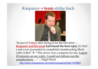 Kasparov + team strike back
“In just (!) 9 days after facing it for the first time …
Kasparov and his team had found the best reply (11.Ne2
) and even succeeded in completely bamboozling Short
with 12.Be5” “This move was a surprise for me. I spent
45 minutes on my reply. I could not fathom out the
complications … “ – Nigel Short
http://www.chessgames.com/perl/chessgame?gid=1070681
 