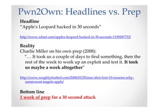 Pwn2Own: Headlines vs. Prep
Headline
“Apple's Leopard hacked in 30 seconds”
http://www.zdnet.com/apples-leopard-hacked-in-30-seconds-1339287733/
Reality
Charlie Miller on his own prep (2008):
“… It took us a couple of days to find something, then the
rest of the week to work up an exploit and test it. It took
us maybe a week altogether”
http://www.roughlydrafted.com/2008/03/29/mac-shot-first-10-reasons-why-
cansecwest-targets-apple/
Bottom line
1 week of prep for a 30 second attack
 