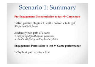 Scenario 1: Summary
Pre-Engagement: No permission to test Game prep
1) Run passive plugins legit + no traffic to target
Sitefinity CMS found
2) Identify best path of attack:
• Sitefinity default admin password
• Public sitefinity shell upload exploits
Engagement: Permission to test Game performance
1) Try best path of attack first
 