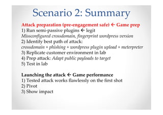 Scenario 2: Summary
Attack preparation (pre-engagement safe) Game prep
1) Run semi-passive plugins legit
Missconfigured crossdomain, fingerprint wordpress version
2) Identify best path of attack:
crossdomain + phishing + wordpress plugin upload + meterpreter
3) Replicate customer environment in lab
4) Prep attack: Adapt public payloads to target
5) Test in lab
Launching the attack Game performance
1) Tested attack works flawlessly on the first shot
2) Pivot
3) Show impact
 