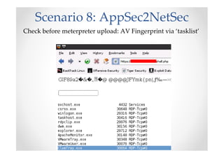 Scenario 8: AppSec2NetSec
Check before meterpreter upload: AV Fingerprint via ‘tasklist’
 