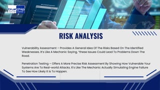 RISK ANALYSIS
Vulnerability Assessment – Provides A General Idea Of The Risks Based On The Identified
Weaknesses. It’s Like A Mechanic Saying, “these Issues Could Lead To Problems Down The
Road.
Penetration Testing – Offers A More Precise Risk Assessment By Showing How Vulnerable Your
Systems Are To Real-world Attacks. It’s Like The Mechanic Actually Simulating Engine Failure
To See How Likely It Is To Happen.
 