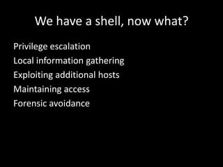 We have a shell, now what?
Privilege escalation
Local information gathering
Exploiting additional hosts
Maintaining access
Forensic avoidance
 