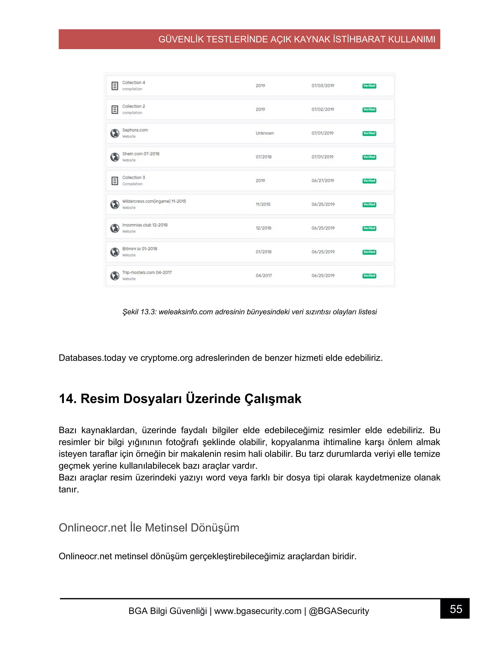 GÜVENLİK TESTLERİNDE AÇIK KAYNAK İSTİHBARAT KULLANIMI
55BGA Bilgi Güvenliği | www.bgasecurity.com | @BGASecurity
Şekil 13.3: weleaksinfo.com adresinin bünyesindeki veri sızıntısı olayları listesi
Databases.today ve cryptome.org adreslerinden de benzer hizmeti elde edebiliriz.
14. Resim Dosyaları Üzerinde Çalışmak
Bazı kaynaklardan, üzerinde faydalı bilgiler elde edebileceğimiz resimler elde edebiliriz. Bu
resimler bir bilgi yığınının fotoğrafı şeklinde olabilir, kopyalanma ihtimaline karşı önlem almak
isteyen taraflar için örneğin bir makalenin resim hali olabilir. Bu tarz durumlarda veriyi elle temize
geçmek yerine kullanılabilecek bazı araçlar vardır.
Bazı araçlar resim üzerindeki yazıyı word veya farklı bir dosya tipi olarak kaydetmenize olanak
tanır.
Onlineocr.net İle Metinsel Dönüşüm
Onlineocr.net metinsel dönüşüm gerçekleştirebileceğimiz araçlardan biridir.
 