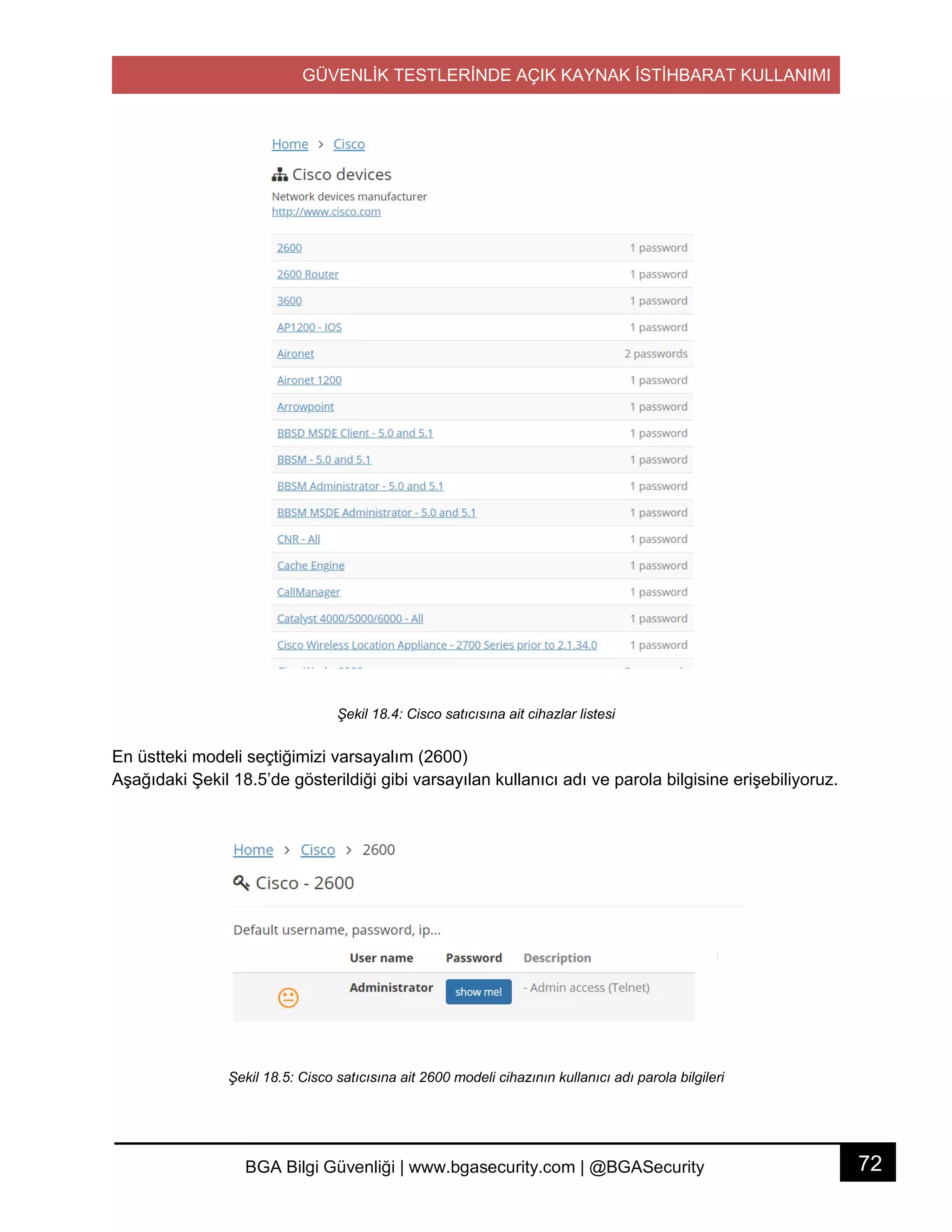 GÜVENLİK TESTLERİNDE AÇIK KAYNAK İSTİHBARAT KULLANIMI
72BGA Bilgi Güvenliği | www.bgasecurity.com | @BGASecurity
Şekil 18.4: Cisco satıcısına ait cihazlar listesi
En üstteki modeli seçtiğimizi varsayalım (2600)
Aşağıdaki Şekil 18.5’de gösterildiği gibi varsayılan kullanıcı adı ve parola bilgisine erişebiliyoruz.
Şekil 18.5: Cisco satıcısına ait 2600 modeli cihazının kullanıcı adı parola bilgileri
 