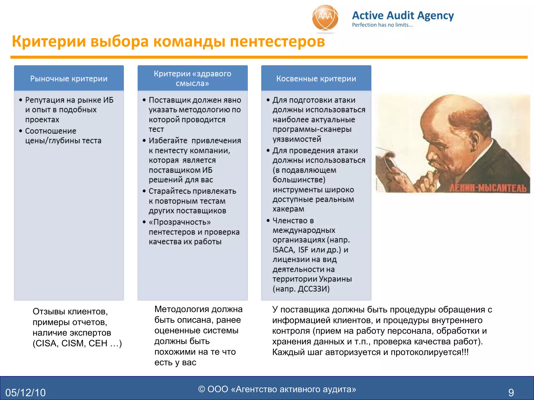 05/12/10 Критерии выбора команды пентестеров © ООО «Агентство активного аудита» Отзывы клиентов, примеры отчетов, наличие экспертов ( CISA, CISM, CEH  … )   Методология должна быть описана, ранее оцененные системы должны быть похожими на те что есть у вас  У поставщика должны быть процедуры обращения с информацией клиентов, и процедуры внутреннего контроля (прием на работу персонала, обработки и хранения данных и т.п., проверка качества работ ) . Каждый шаг авторизуется и протоколируется!!! 