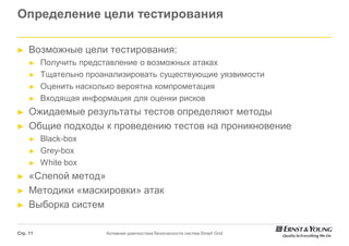 Определение цели тестирования

►    Возможные цели тестирования:
     ►    Получить представление о возможных атаках
     ►    Тщательно проанализировать существующие уязвимости
     ►    Оценить насколько вероятна компрометация
     ►    Входящая информация для оценки рисков
►    Ожидаемые результаты тестов определяют методы
►    Общие подходы к проведению тестов на проникновение
     ►    Black-box
     ►    Grey-box
     ►    White box
►    «Слепой метод»
►    Методики «маскировки» атак
►    Выборка систем

Стр. 11                 Активная диагностика безопасности систем Smart Grid
 