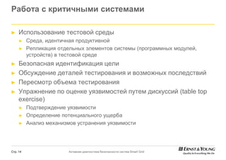 Работа с критичными системами

►    Использование тестовой среды
     ►    Среда, идентичная продуктивной
     ►    Репликация отдельных элементов системы (программных модулей,
          устройств) в тестовой среде
►    Безопасная идентификация цели
►    Обсуждение деталей тестирования и возможных последствий
►    Пересмотр объема тестирования
►    Упражнение по оценке уязвимостей путем дискуссий (
                                                      (table top
     exercise)
     ►    Подтверждение уязвимости
     ►    Определение потенциального ущерба
     ►    Анализ механизмов устранения уязвимости




Стр. 14                  Активная диагностика безопасности систем Smart Grid
 
