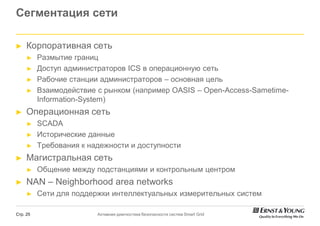 Сегментация сети

►    Корпоративная сеть
     ►    Размытие границ
     ►    Доступ администраторов ICS в операционную сеть
     ►    Рабочие станции администраторов – основная цель
     ►    Взаимодействие с рынком (например OASIS – Open-Access-Sametime-
          Information-System)
►    Операционная сеть
     ►    SCADA
     ►    Исторические данные
     ►    Требования к надежности и доступности
►    Магистральная сеть
     ►    Общение между подстанциями и контрольным центром
►    NAN – Neighborhood area networks
     ►    Сети для поддержки интеллектуальных измерительных систем

Стр. 25                  Активная диагностика безопасности систем Smart Grid
 