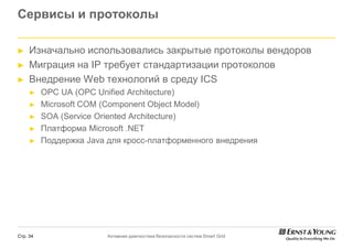Сервисы и протоколы

►    Изначально использовались закрытые протоколы вендоров
►    Миграция на IP требует стандартизации протоколов
►    Внедрение Web технологий в среду ICS
     ►    OPC UA (OPC Unified Architecture)
     ►    Microsoft COM (Component Object Model)
     ►    SOA (Service Oriented Architecture)
     ►    Платформа Microsoft .NET
     ►    Поддержка Java для кросс-платформенного внедрения
                                     платформенного




Стр. 34                  Активная диагностика безопасности систем Smart Grid
 