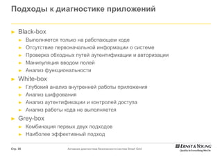 Подходы к диагностике приложений

►    Black-box
     ►    Выполняется только на работающем коде
     ►    Отсутствие первоначальной информации о системе
     ►    Проверка обходных путей аутентификации и авторизации
     ►    Манипуляция вводом полей
     ►    Анализ функциональности
►    White-box
     ►    Глубокий анализ внутренней работы приложения
     ►    Анализ шифрования
     ►    Анализ аутентификации и контролей доступа
     ►    Анализ работы кода не выполняется
►    Grey-box
     ►    Комбинация первых двух подходов
     ►    Наиболее эффективный подход

Стр. 35                  Активная диагностика безопасности систем Smart Grid
 