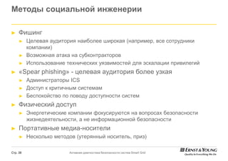 Методы социальной инженерии

►    Фишинг
     ►    Целевая аудитория наиболее широкая (например, все сотрудники
          компании)
     ►    Возможная атака на субконтракторов
     ►    Использование технических уязвимостей для эскалации привилегий
►    «Spear phishing» - целевая аудитория более узкая
     ►    Администраторы ICS
     ►    Доступ к критичным системам
     ►    Беспокойство по поводу доступности систем
►    Физический доступ
     ►    Энергетические компании фокусируются на вопросах безопасности
          жизнедеятельности, а не информационной безопасности
►    Портативные медиа-носители
     ►    Несколько методов (утерянный носитель, приз)

Стр. 38                  Активная диагностика безопасности систем Smart Grid
 
