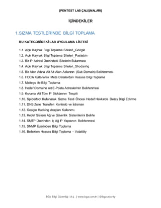 [PENTEST LAB ÇALIŞMALARI]
BGA Bilgi Güvenliğ i A.Ş . | www.bga.com.tr | @bgasecurity
İÇİNDEKİLER
1.SIZMA TESTLERİNDE BİLGİ TOPLAMA
BU KATEGORİDEKİ LAB UYGULAMA LİSTESİ
1.1. Açık Kaynak Bilgi Toplama Siteleri_Google
1.2. Açık Kaynak Bilgi Toplama Siteleri_Pastebin
1.3. Bir IP Adresi Üzerindeki Sitelerin Bulunması
1.4. Açık Kaynak Bilgi Toplama Siteleri_Shodanhq
1.5. Bir Alan Adına Ait Alt Alan Adlarının (Sub Domain) Belirlenmesi
1.6. FOCA Kullanarak Meta Datalardan Hassas Bilgi Toplama
1.7. Maltego ile Bilgi Toplama
1.8. Hedef Domaine Ait E-Posta Adreslerinin Belirlenmesi
1.9. Kuruma Ait Tüm IP Bloklarının Tespiti
1.10. Spiderfoot Kullanarak Sızma Testi Öncesi Hedef Hakkında Detay Bilgi Edinme
1.11. DNS Zone Transferi Kontrolü ve İstismarı
1.12. Google Hacking Araçları Kullanımı
1.13. Hedef Sistem Ağ ve Güvenlik Sistemlerini Belirle
1.14. SMTP Üzerinden İç Ağ IP Yapısının Belirlenmesi
1.15. SNMP Üzerinden Bilgi Toplama
1.16. Bellekten Hassas Bilgi Toplama – Volatility
 